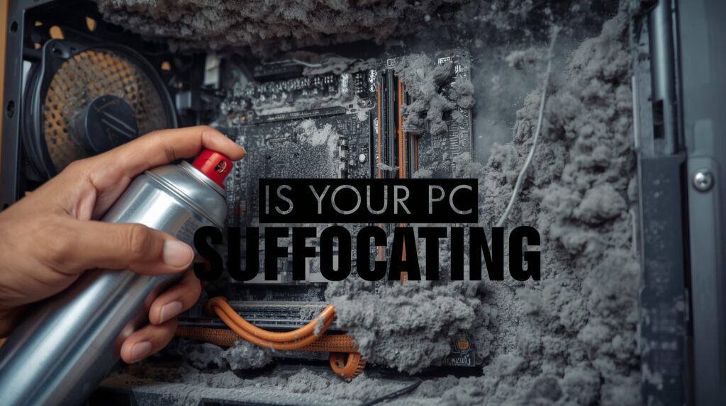 User holding a fan to stop it spinning while cleaning PC fans with compressed air