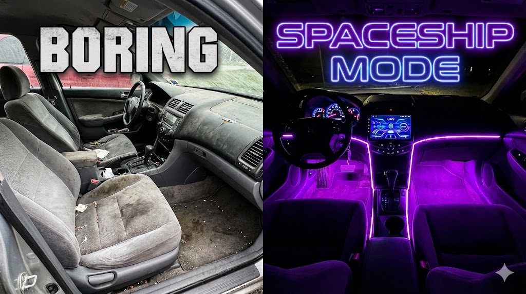 Purple LED car interior lights glowing under dashboard at night
