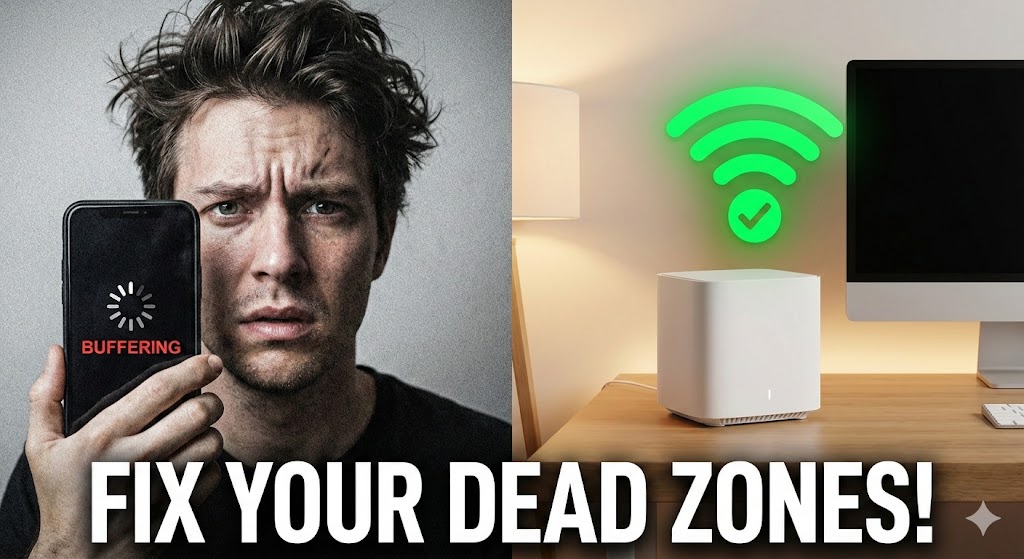 A split screen showing a buffering loading wheel on the left and a rocket ship speed test result on the right with a mesh router.